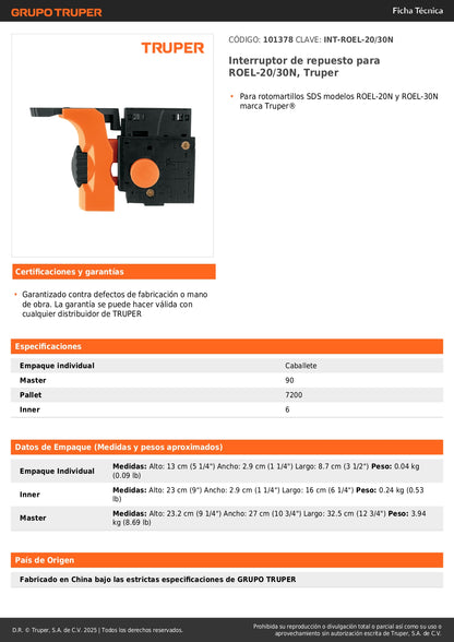Interruptor de repuesto para ROEL-20/30N, Truper