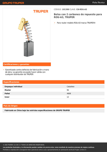 Bolsa con 2 carbones de repuesto para ROU-A3, TRUPER