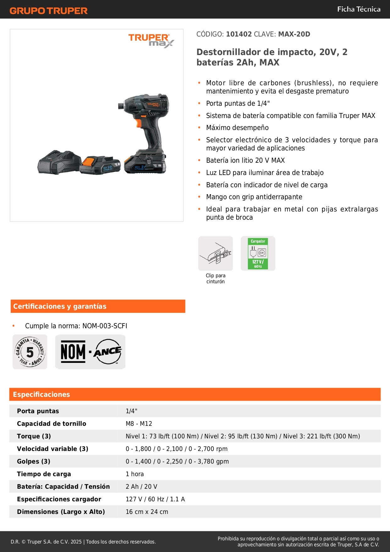 Destornillador de Impacto Inalámbrico 20V MAX-20D Brushless - Solución Profesional para Trabajos Pesados en Metal con 2 Baterías 2Ah y 3 Velocidades