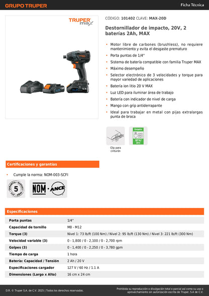 Destornillador de Impacto Inalámbrico 20V MAX-20D Brushless - Solución Profesional para Trabajos Pesados en Metal con 2 Baterías 2Ah y 3 Velocidades