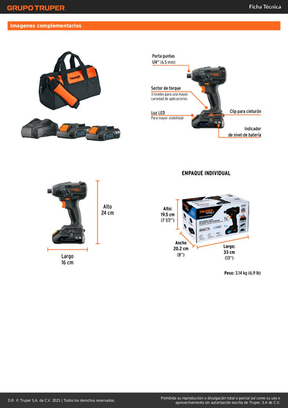 Destornillador de Impacto Inalámbrico 20V MAX-20D Brushless - Solución Profesional para Trabajos Pesados en Metal con 2 Baterías 2Ah y 3 Velocidades
