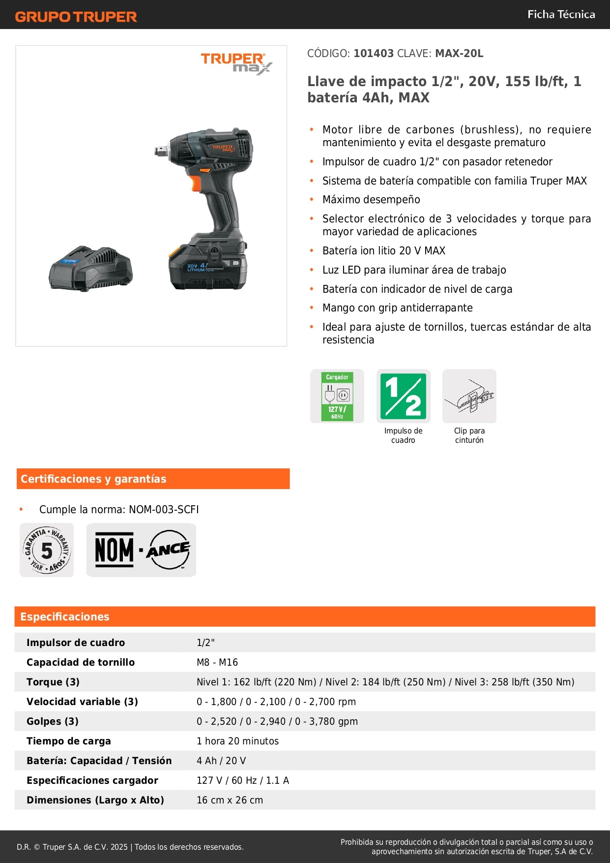 Llave de Impacto Inalámbrica 1/2" 20V MAX-20L Truper - 155 lb/ft Motor Brushless con Batería 4Ah - Solución Profesional para Tornillos de Alta Resistencia