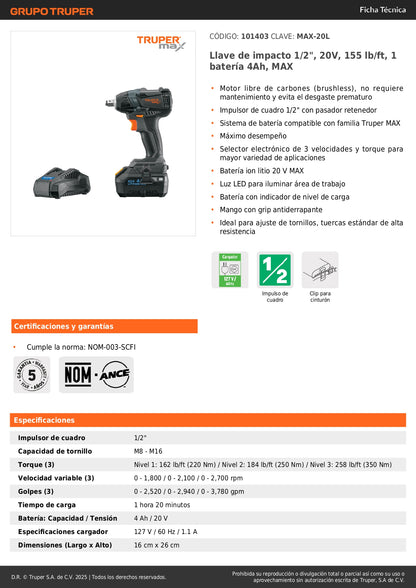 Llave de Impacto Inalámbrica 1/2" 20V MAX-20L Truper - 155 lb/ft Motor Brushless con Batería 4Ah - Solución Profesional para Tornillos de Alta Resistencia