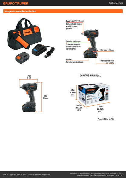Llave de Impacto Inalámbrica 1/2" 20V MAX-20L Truper - 155 lb/ft Motor Brushless con Batería 4Ah - Solución Profesional para Tornillos de Alta Resistencia