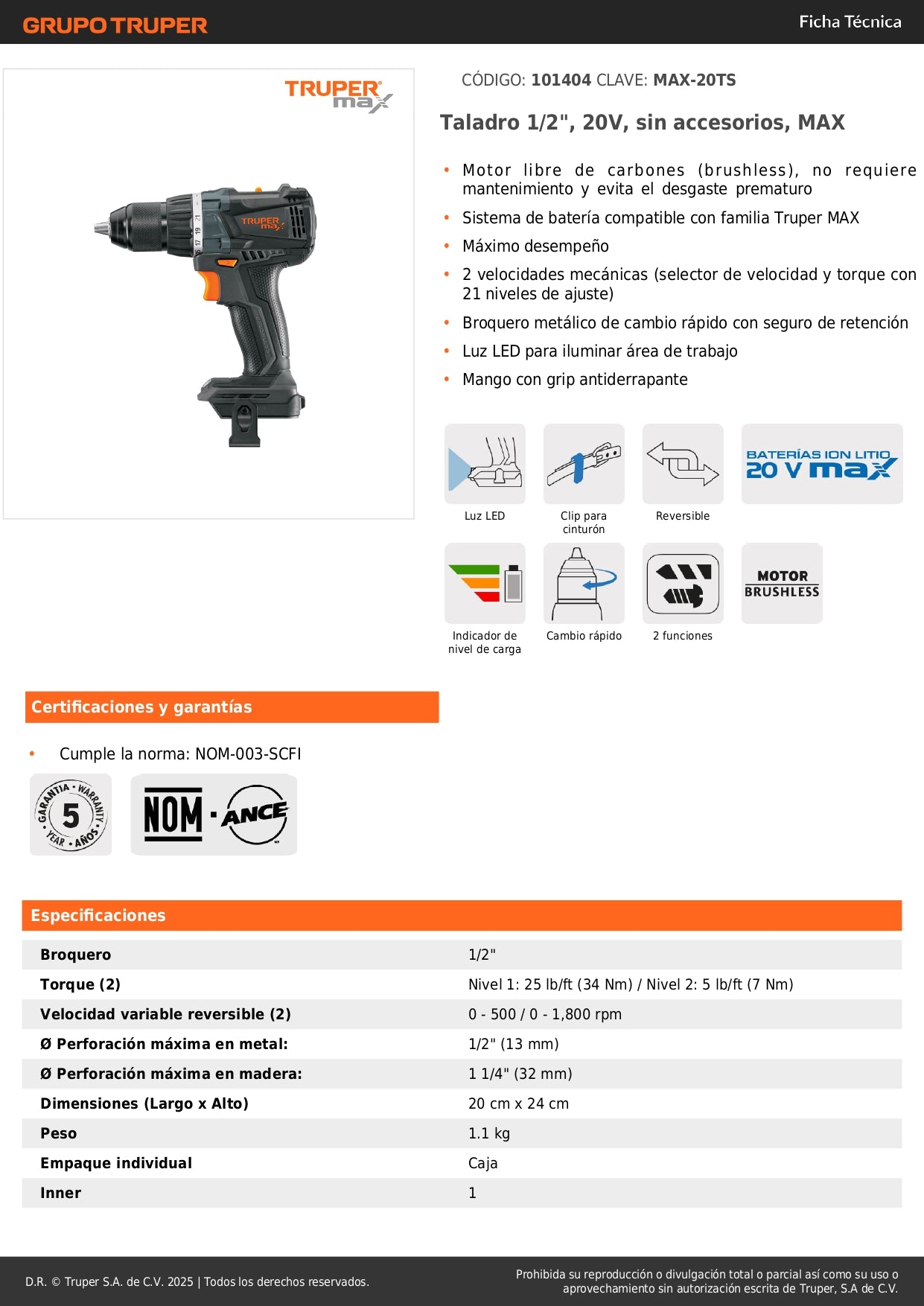 Taladro Inalámbrico 20V Brushless MAX-20TS - Motor Sin Carbones, 2 Velocidades, 21 Niveles Torque - Solución Profesional para Perforación Precisa