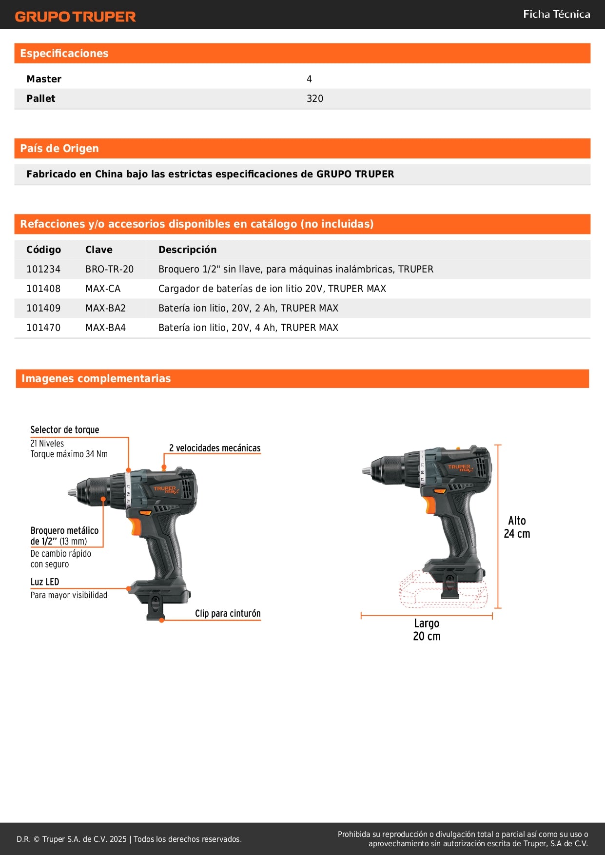 Taladro Inalámbrico 20V Brushless MAX-20TS - Motor Sin Carbones, 2 Velocidades, 21 Niveles Torque - Solución Profesional para Perforación Precisa