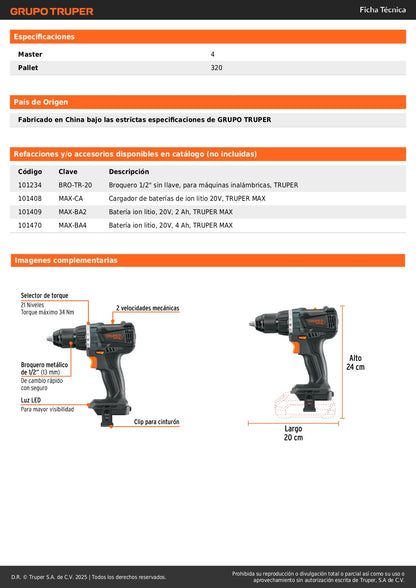 Taladro Inalámbrico 20V Brushless MAX-20TS - Motor Sin Carbones, 2 Velocidades, 21 Niveles Torque - Solución Profesional para Perforación Precisa