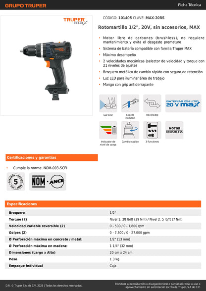 Rotomartillo Inalámbrico 20V MAX-20RS Brushless - Solución Profesional para Perforación en Concreto y Mampostería sin Cables