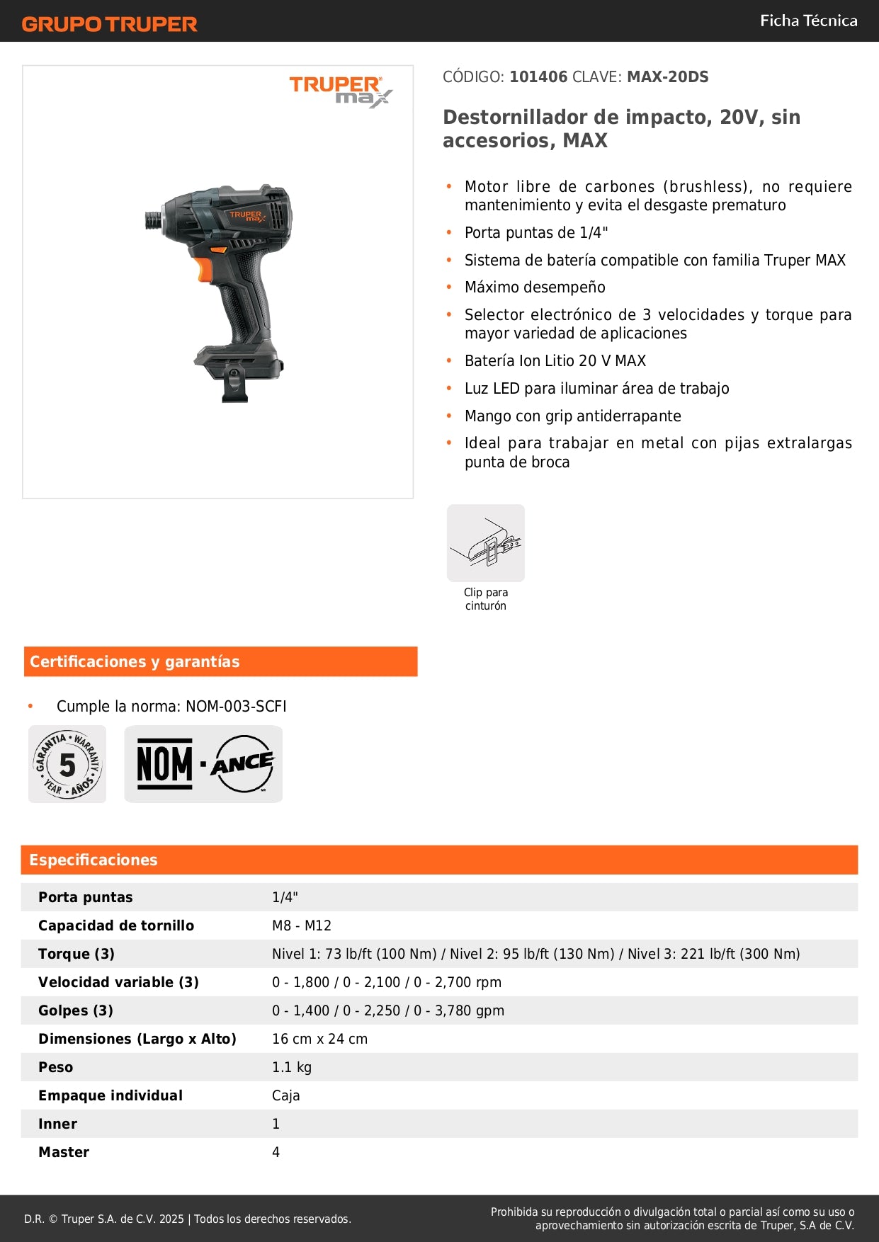 Destornillador de Impacto Inalámbrico 20V MAX-20DS Brushless - Solución Profesional para Pijas Extralargas en Metal