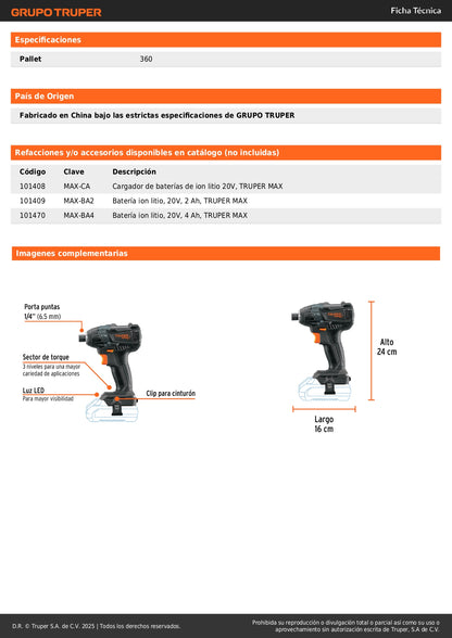 Destornillador de Impacto Inalámbrico 20V MAX-20DS Brushless - Solución Profesional para Pijas Extralargas en Metal