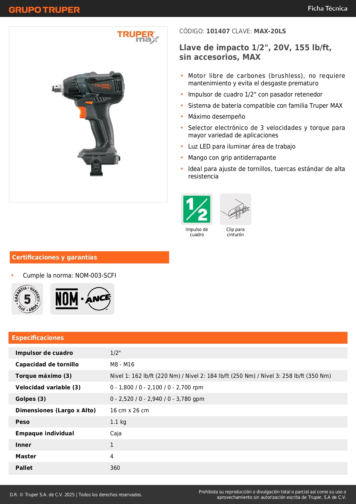 Llave de Impacto Inalámbrica 1/2" 20V 155 lb/ft MAX-20LS Brushless - Solución Profesional para Tornillos y Tuercas de Alta Resistencia