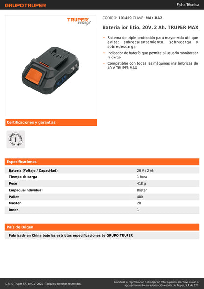 Batería Ion Litio TRUPER MAX 20V 2Ah - Solución Energía Portátil Herramientas Inalámbricas con Triple Protección