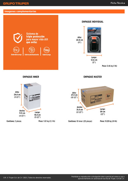 Batería Ion Litio TRUPER MAX 20V 2Ah - Solución Energía Portátil Herramientas Inalámbricas con Triple Protección