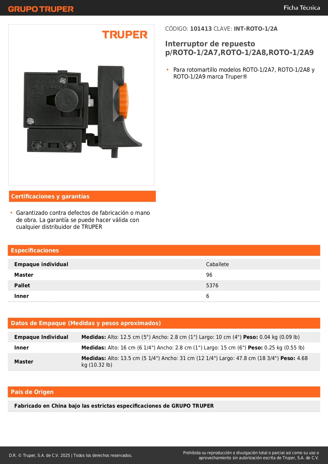 Interruptor de repuesto p/ROTO-1/2A7,ROTO-1/2A8,ROTO-1/2A9