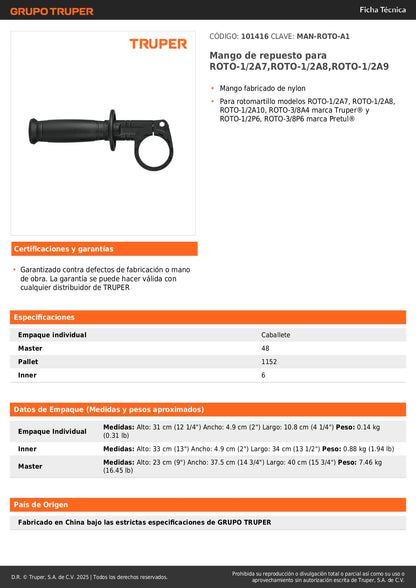 Mango de repuesto para ROTO-1/2A7,ROTO-1/2A8,ROTO-1/2A9