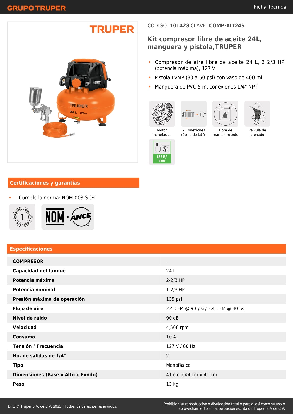 Kit Compresor de Aire Libre de Aceite 24L TRUPER con Pistola LVMP y Manguera 5m - Solución Completa para Pintura y Trabajos Neumáticos Profesionales - 2 2/3 HP 127V