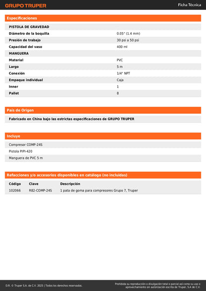 Kit Compresor de Aire Libre de Aceite 24L TRUPER con Pistola LVMP y Manguera 5m - Solución Completa para Pintura y Trabajos Neumáticos Profesionales - 2 2/3 HP 127V