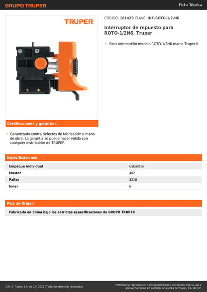 Interruptor de repuesto para ROTO-1/2N6, Truper