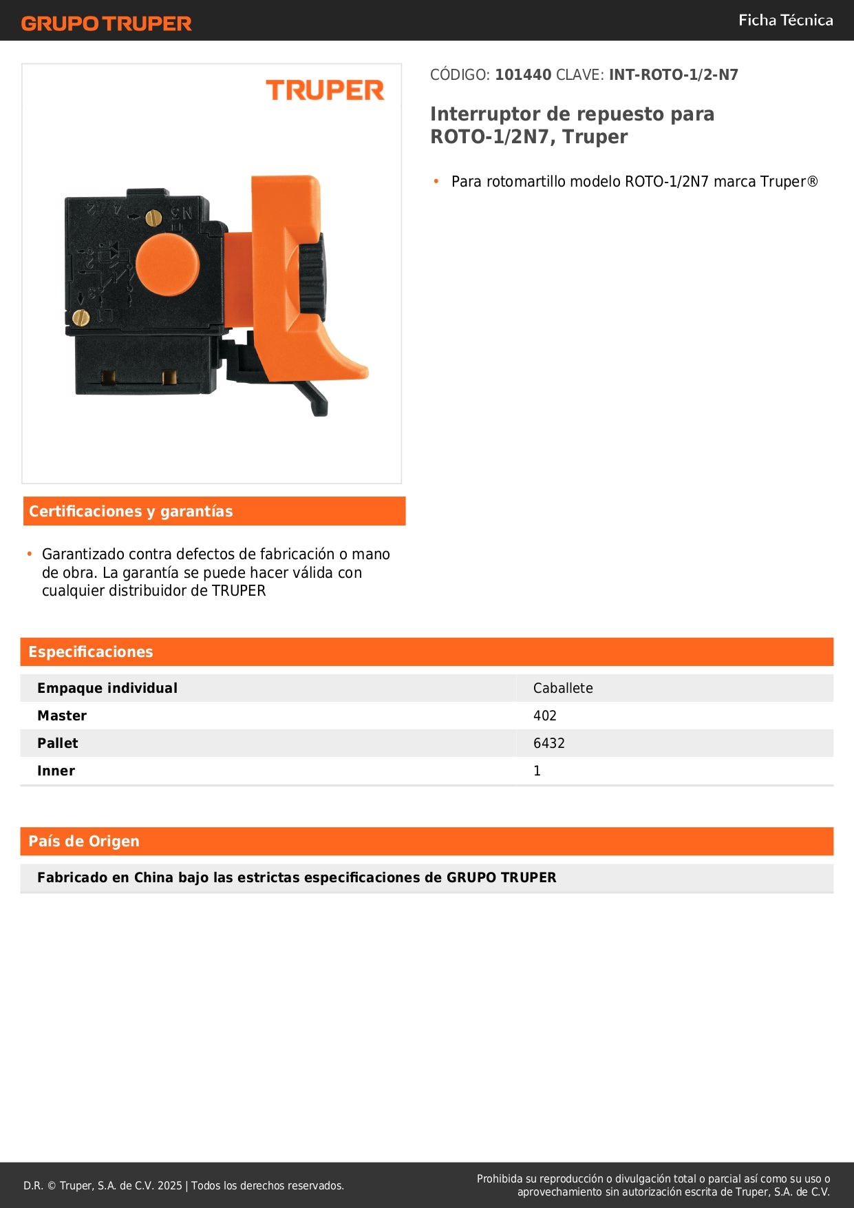 Interruptor de repuesto para ROTO-1/2N7, Truper