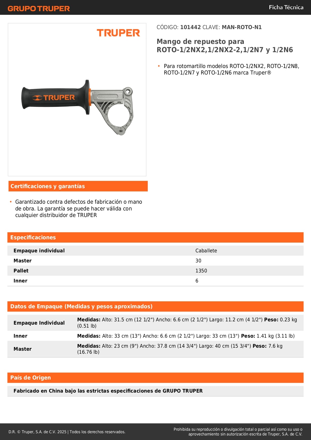 Mango de repuesto para ROTO-1/2NX2,1/2NX2-2,1/2N7 y 1/2N6
