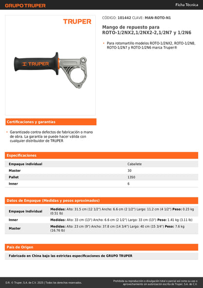 Mango de repuesto para ROTO-1/2NX2,1/2NX2-2,1/2N7 y 1/2N6