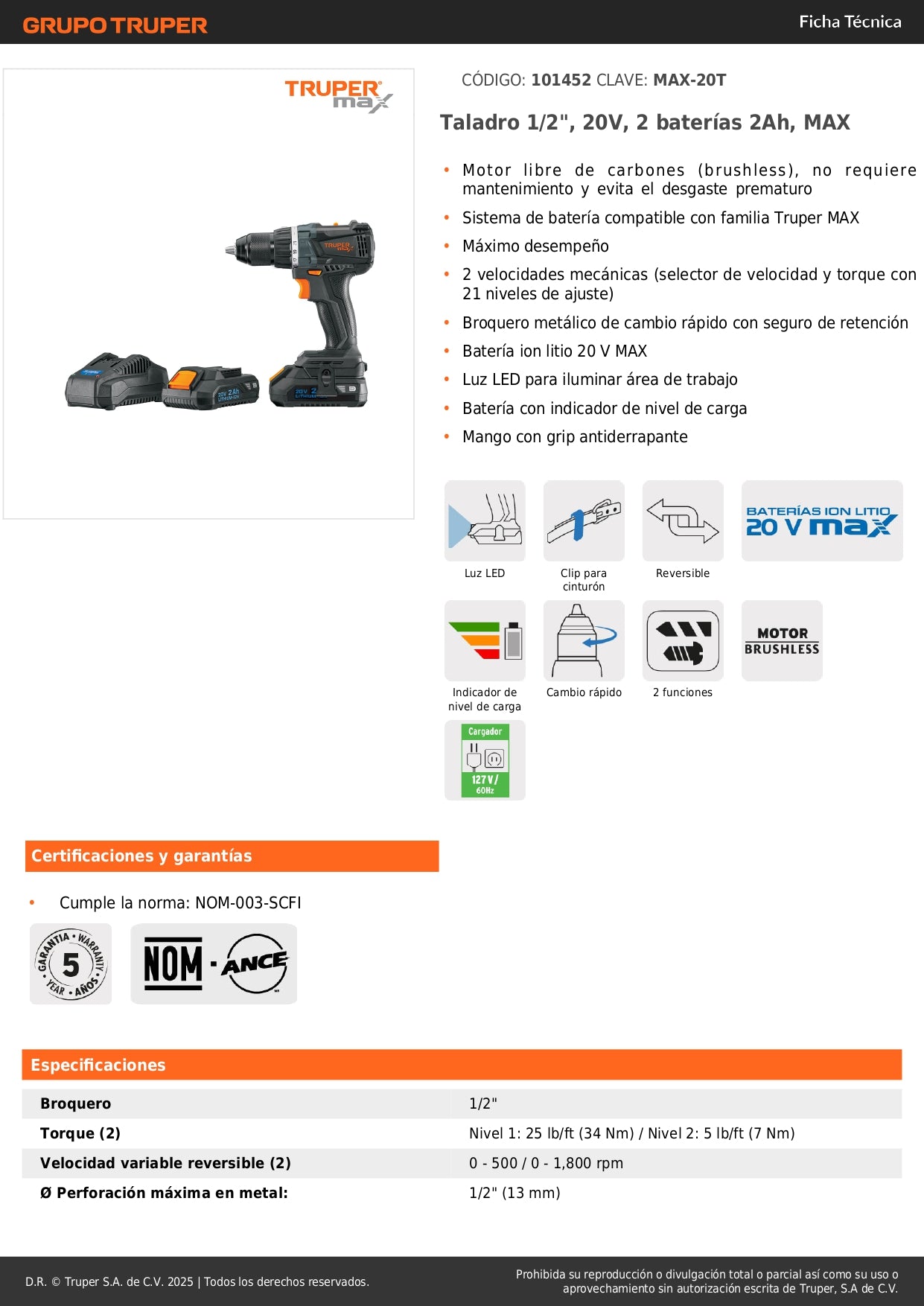Taladro Inalámbrico Profesional 20V MAX-20T Brushless - 2 Baterías 2Ah - Solución Completa para Perforación Eficiente - TRUPER®