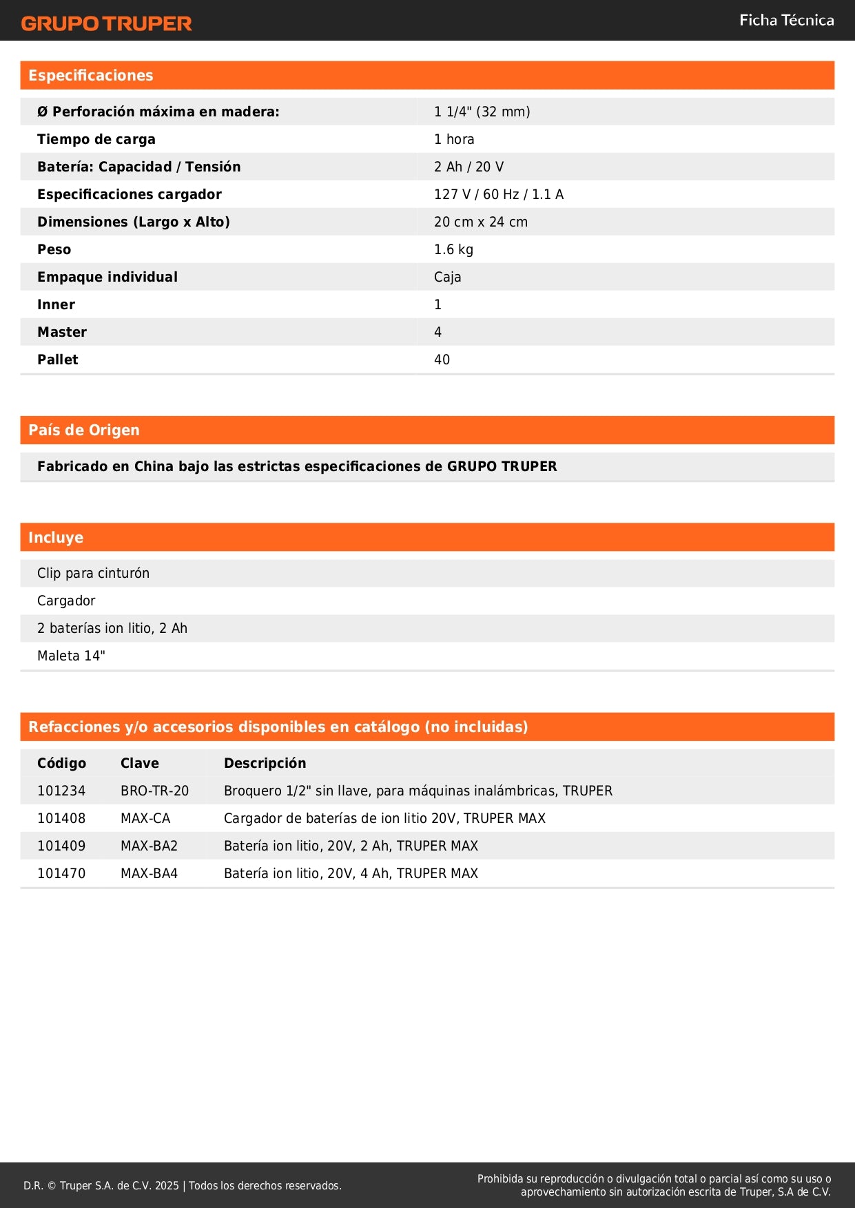 Taladro Inalámbrico Profesional 20V MAX-20T Brushless - 2 Baterías 2Ah - Solución Completa para Perforación Eficiente - TRUPER®