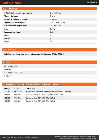 Taladro Inalámbrico Profesional 20V MAX-20T Brushless - 2 Baterías 2Ah - Solución Completa para Perforación Eficiente - TRUPER®