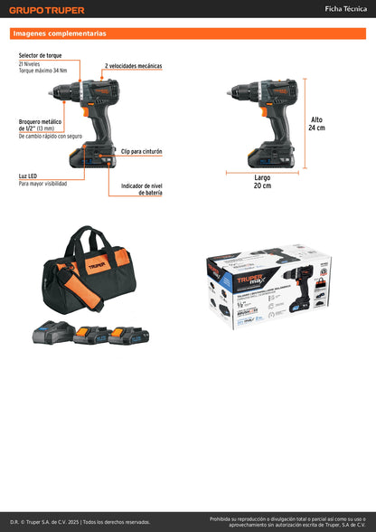 Taladro Inalámbrico Profesional 20V MAX-20T Brushless - 2 Baterías 2Ah - Solución Completa para Perforación Eficiente - TRUPER®