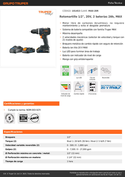 Rotomartillo Inalámbrico 20V MAX-20R Brushless - Solución Profesional para Perforación en Concreto y Mampostería - 2 Baterías 2Ah + LED - Truper