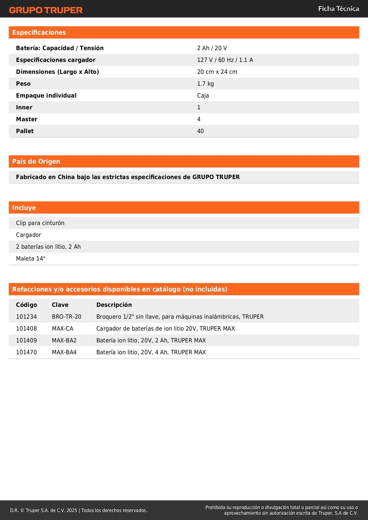 Rotomartillo Inalámbrico 20V MAX-20R Brushless - Solución Profesional para Perforación en Concreto y Mampostería - 2 Baterías 2Ah + LED - Truper