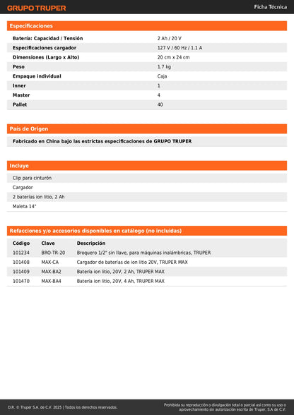Rotomartillo Inalámbrico 20V MAX-20R Brushless - Solución Profesional para Perforación en Concreto y Mampostería - 2 Baterías 2Ah + LED - Truper