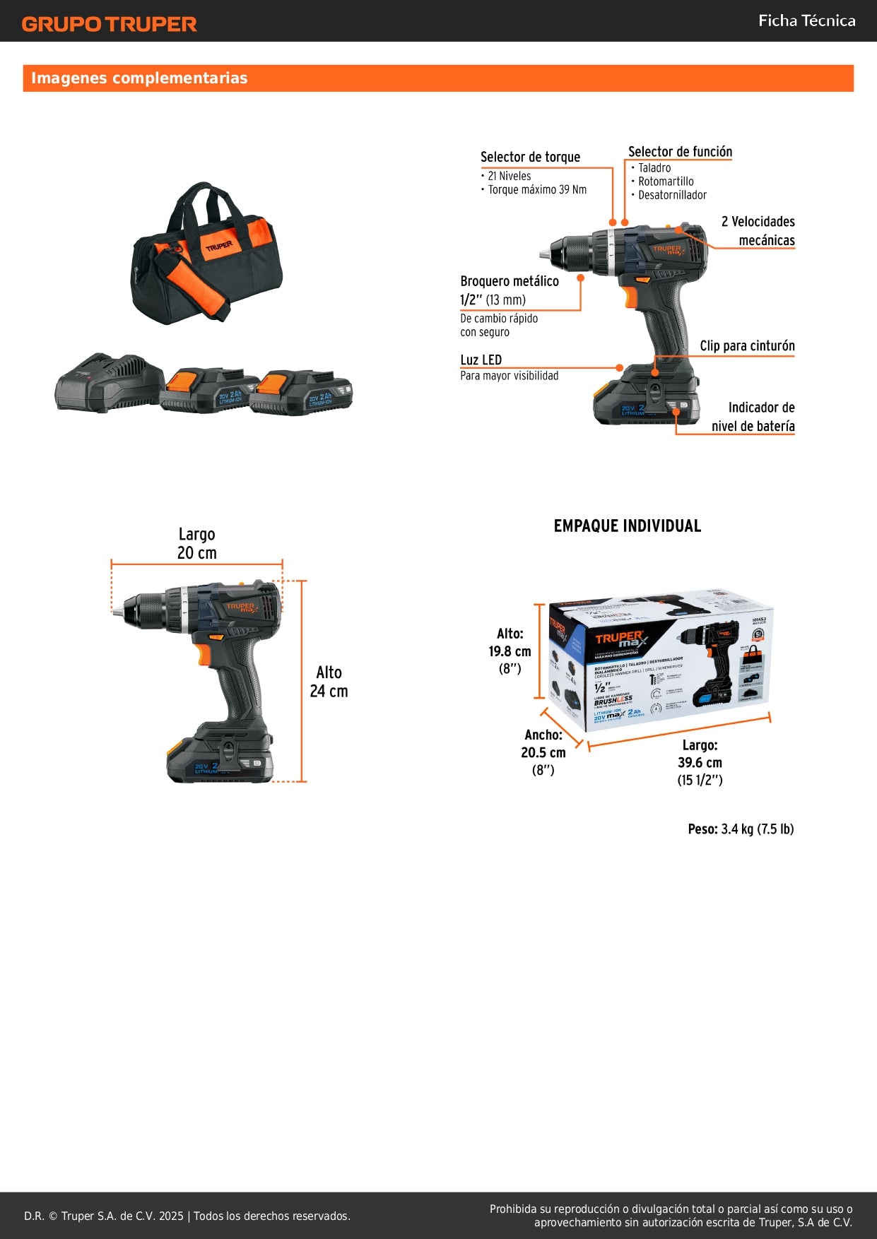 Rotomartillo Inalámbrico 20V MAX-20R Brushless - Solución Profesional para Perforación en Concreto y Mampostería - 2 Baterías 2Ah + LED - Truper