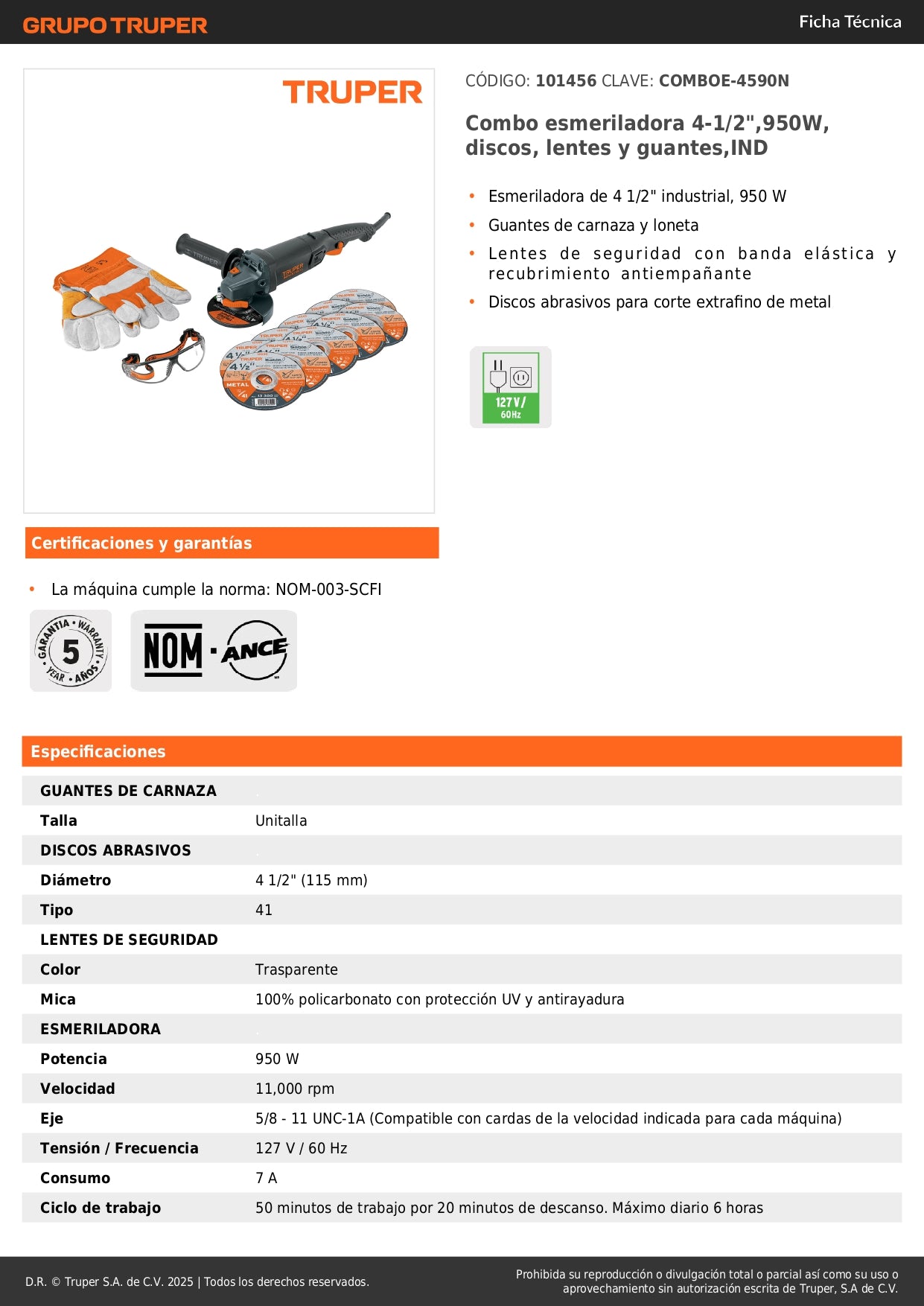 Combo Esmeriladora Industrial 4-1/2" 950W con Kit Seguridad Completo - Discos, Lentes y Guantes Profesionales COMBOE-4590N