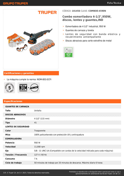 Combo Esmeriladora Industrial 4-1/2" 950W con Kit Seguridad Completo - Discos, Lentes y Guantes Profesionales COMBOE-4590N
