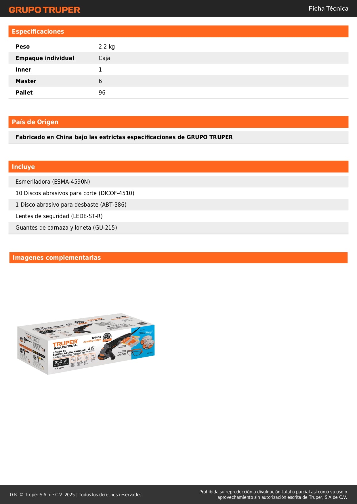 Combo Esmeriladora Industrial 4-1/2" 950W con Kit Seguridad Completo - Discos, Lentes y Guantes Profesionales COMBOE-4590N