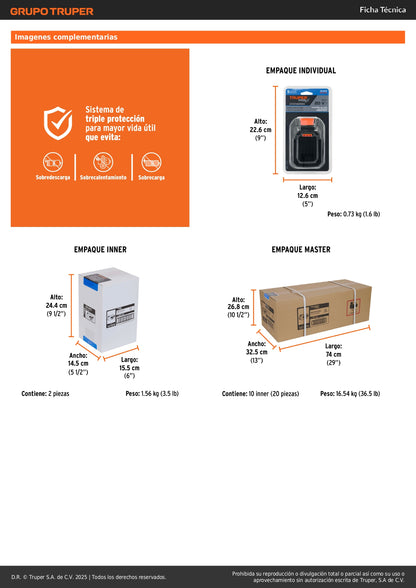 Batería Ion Litio TRUPER MAX 20V 4Ah MAX-BA4 - Solución Completa para Herramientas Inalámbricas con Triple Protección y Indicador de Carga