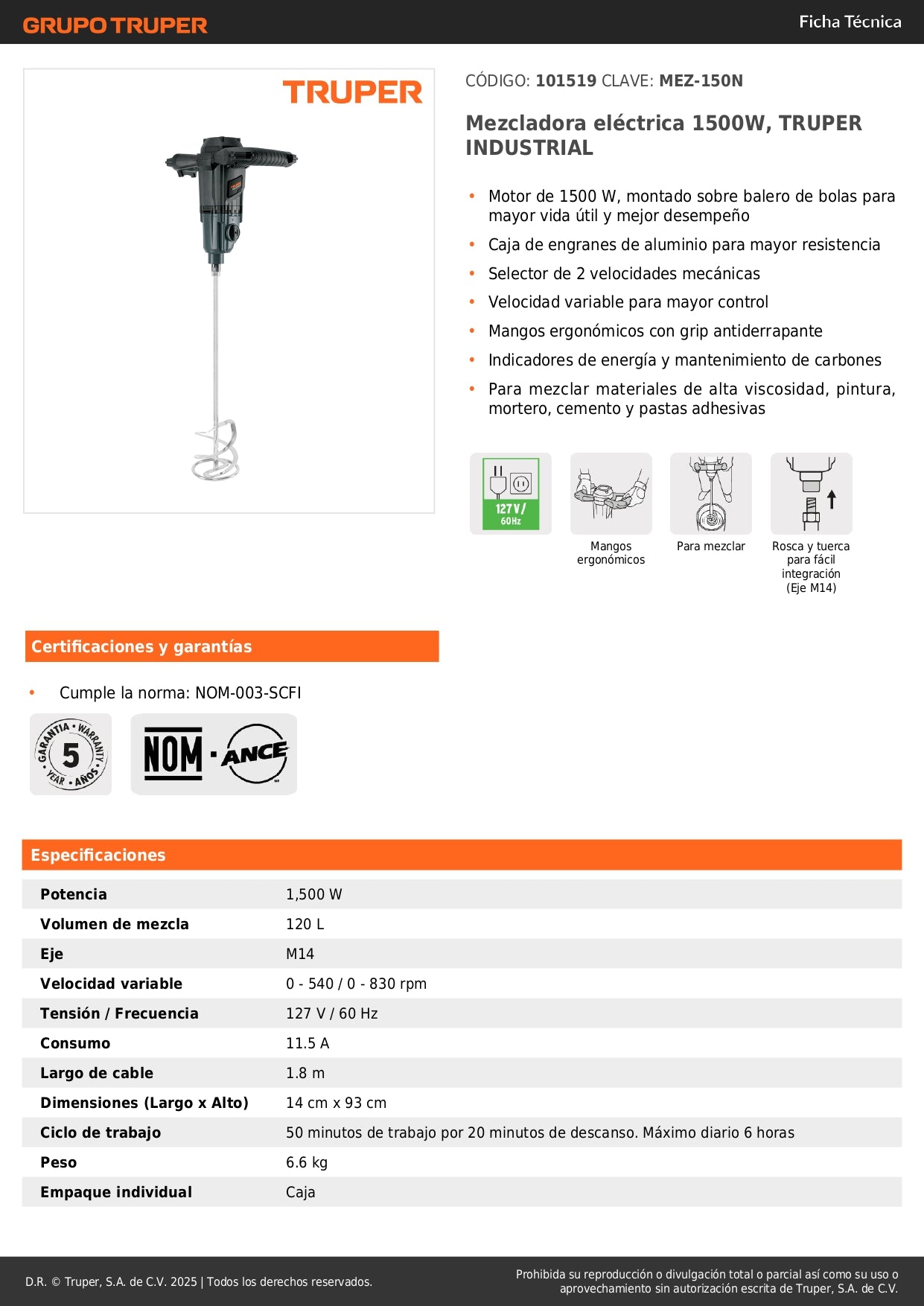Mezcladora Eléctrica Industrial TRUPER 1500W MEZ-150N - Mezcla Mortero, Cemento y Pintura de Alta Viscosidad con 2 Velocidades