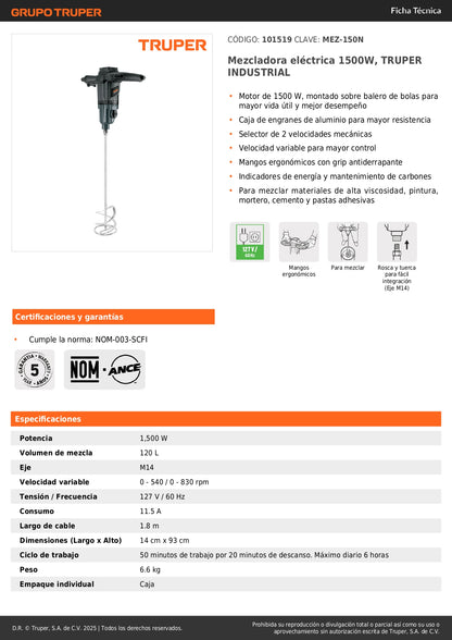 Mezcladora Eléctrica Industrial TRUPER 1500W MEZ-150N - Mezcla Mortero, Cemento y Pintura de Alta Viscosidad con 2 Velocidades