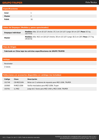 Mezcladora Eléctrica Industrial TRUPER 1500W MEZ-150N - Mezcla Mortero, Cemento y Pintura de Alta Viscosidad con 2 Velocidades