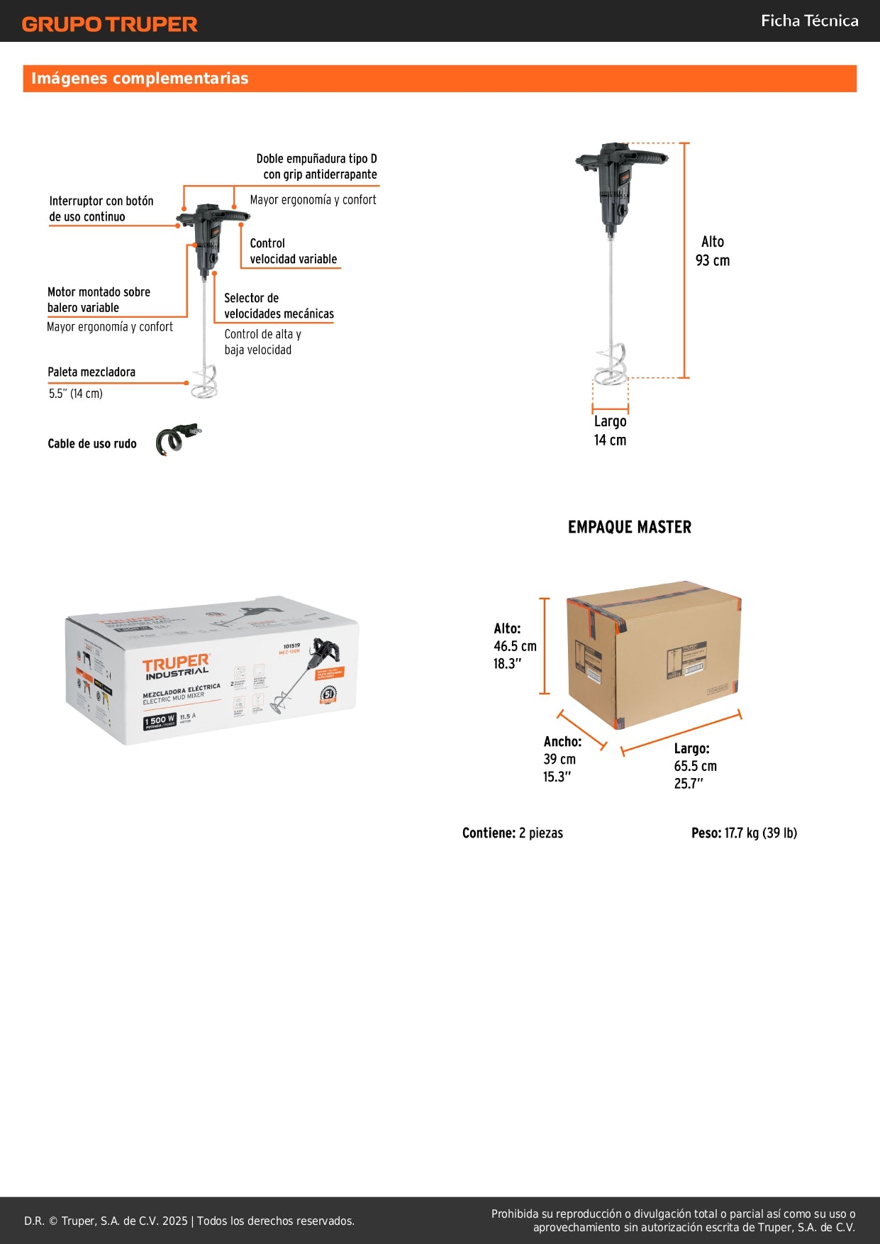 Mezcladora Eléctrica Industrial TRUPER 1500W MEZ-150N - Mezcla Mortero, Cemento y Pintura de Alta Viscosidad con 2 Velocidades