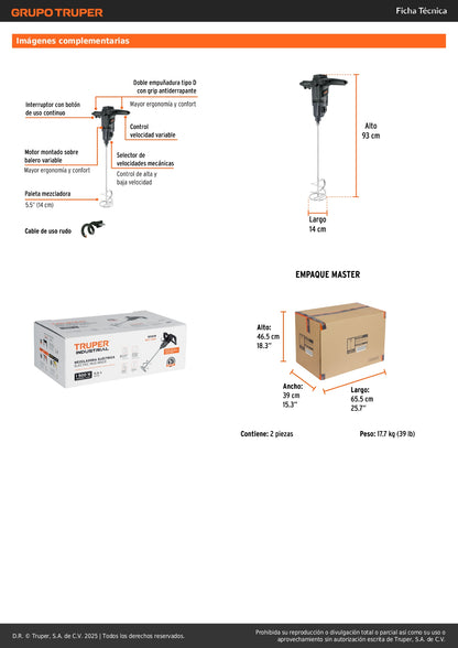 Mezcladora Eléctrica Industrial TRUPER 1500W MEZ-150N - Mezcla Mortero, Cemento y Pintura de Alta Viscosidad con 2 Velocidades