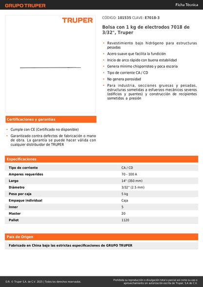 Electrodos de Soldadura 7018 3/32" Truper 1kg - Bajo Hidrógeno para Estructuras Pesadas, Acero Suave CA/CD Sin Porosidad - Ideal para Construcción Industrial y Puentes