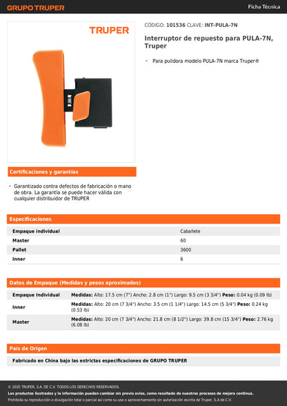 Interruptor de repuesto para PULA-7N, Truper