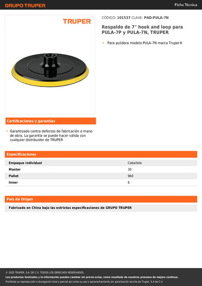 Respaldo de 7" hook and loop para PULA-7P y PULA-7N, TRUPER