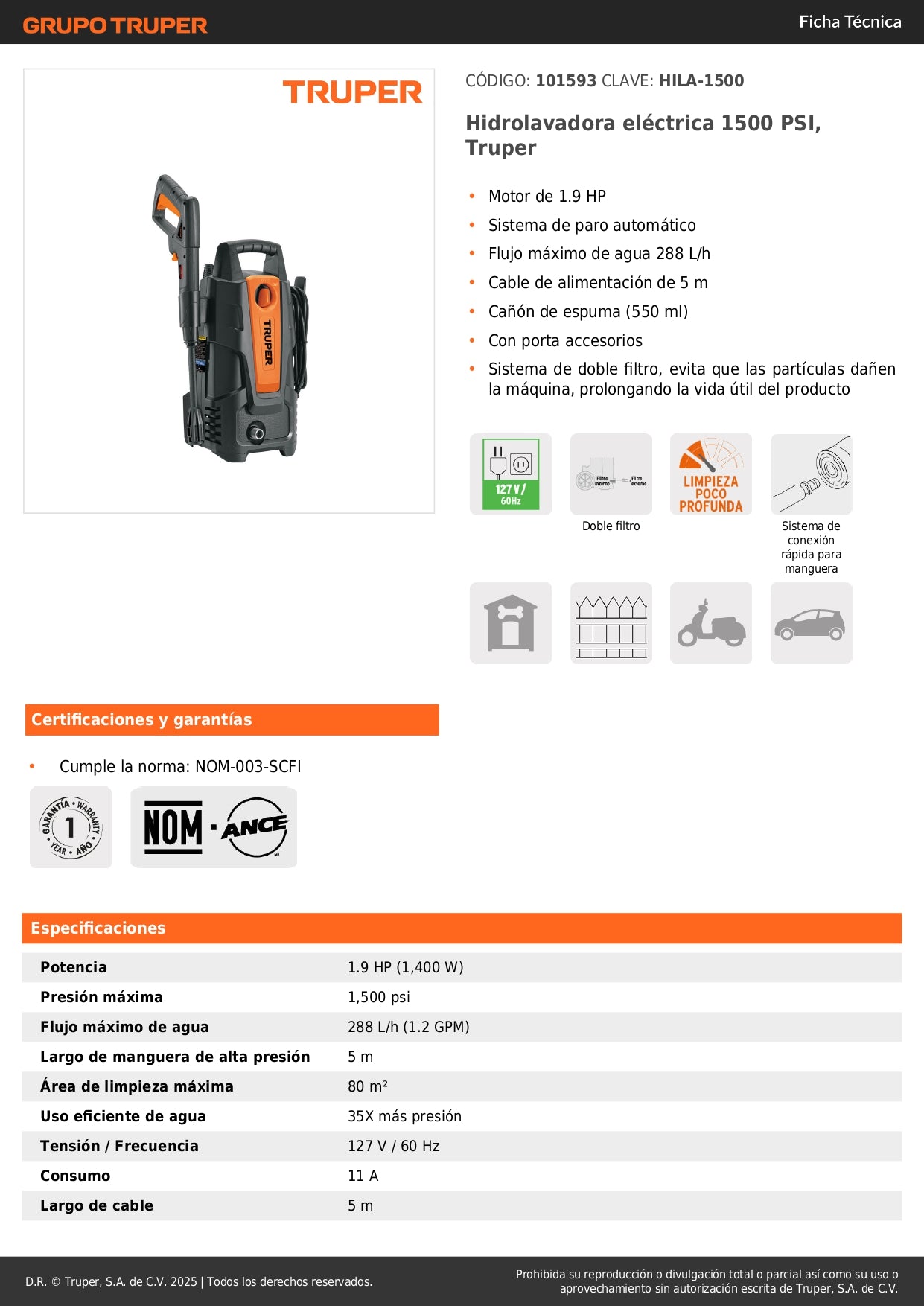 Hidrolavadora eléctrica 1500 PSI, Truper