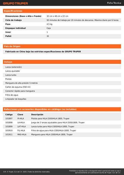 Hidrolavadora eléctrica 1500 PSI, Truper