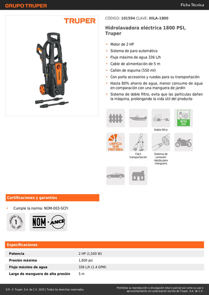 Hidrolavadora eléctrica 1800 PSI, Truper