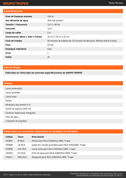 Hidrolavadora eléctrica 1800 PSI, Truper