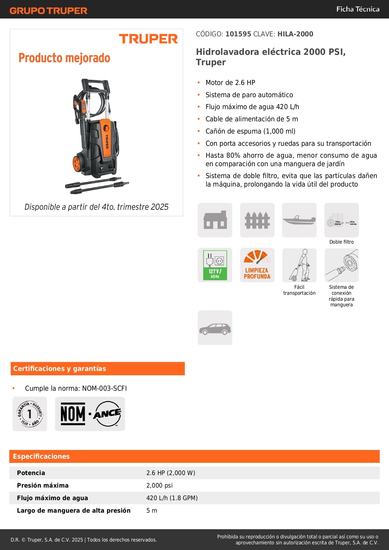 Hidrolavadora eléctrica 2000 PSI, Truper
